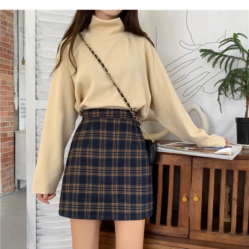 Product Introduction of Half length skirt, women's autumn outfit, new plaid bag buttacks half length skirt, black college style high waist slimming bag buttons A-line short skirt 16