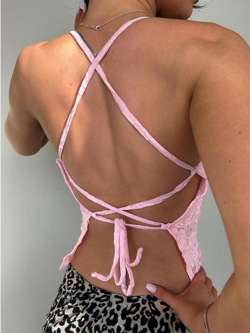 Product Introduction of Women's Plain Criss Cross Tie Back Sheer Lace Crop Cami Top, Y2k Fashion Casual Spaghetti Strap Backless Top for Daily Outdoor Wear, Women Clothing for Fall & Winter Valentine's Day, gift 2