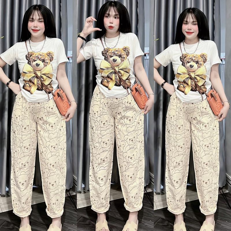Product Introduction of Sét Bộ Jean Áo Tay Ngắn Cổ Tròn In Hinh Gấu Nơ Kèm Quan Baggy Kaki Kem Hoạ Tiếc Gấu,Phom Vừa 45-55kg Mặc Thoải Mái. Nữ Women Nữ Women Nhung Top 28