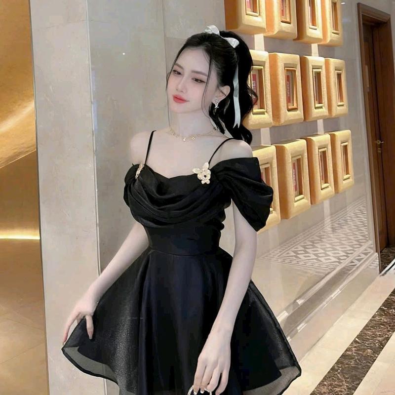Đầm nữ 2 dây bệt vai tơ ánh kim kèm phụ kiện đi tiệc siêu xinh Women Dress 3