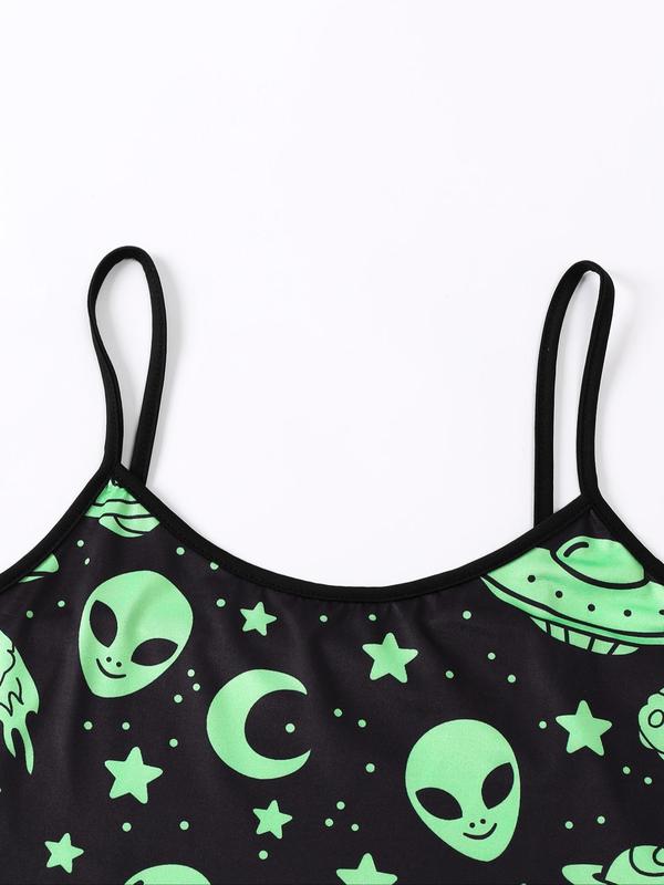 Two-Piece Set Women's All Over Moon Alien Print Crop Cami Top & Bow Decor Shorts Pyjama Set, Lettuce Trim Camisole & Elastic Waist Shorts PJ Set, Casual Comfortable Sleepwear Set for Women 2