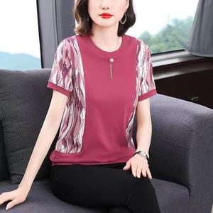 Short Sleeve T-shirt Women Clothes 2023 Summer New Style Fashion Floral Middle age Mother t shirts Plus Size Rose Red Sweet Showing Slim Top
