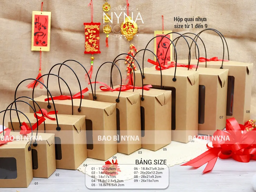 COMBO 10 Hộp quai nhựa Kraft đa dạng size từ 01 đến 09 - dùng đựng các bộ quà tặng, đựng yến chưng, hạt dinh dưỡng