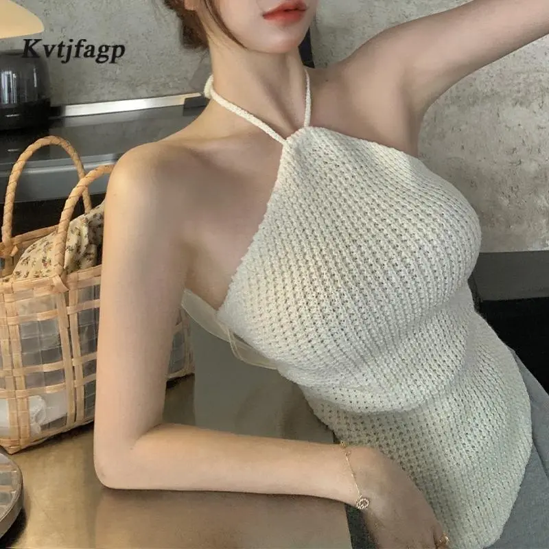 Women Halter Cami Tops, Summer Sleeveless Tie Backless Solid Color Knitted Camisole