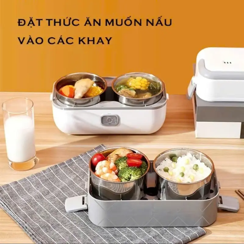 Hộp cơm cắm điện văn phòng 2 tầng 4 bát inox giữ nhiệt, hâm nóng và tự nấu chín nhỏ gọn tiện lợi 7
