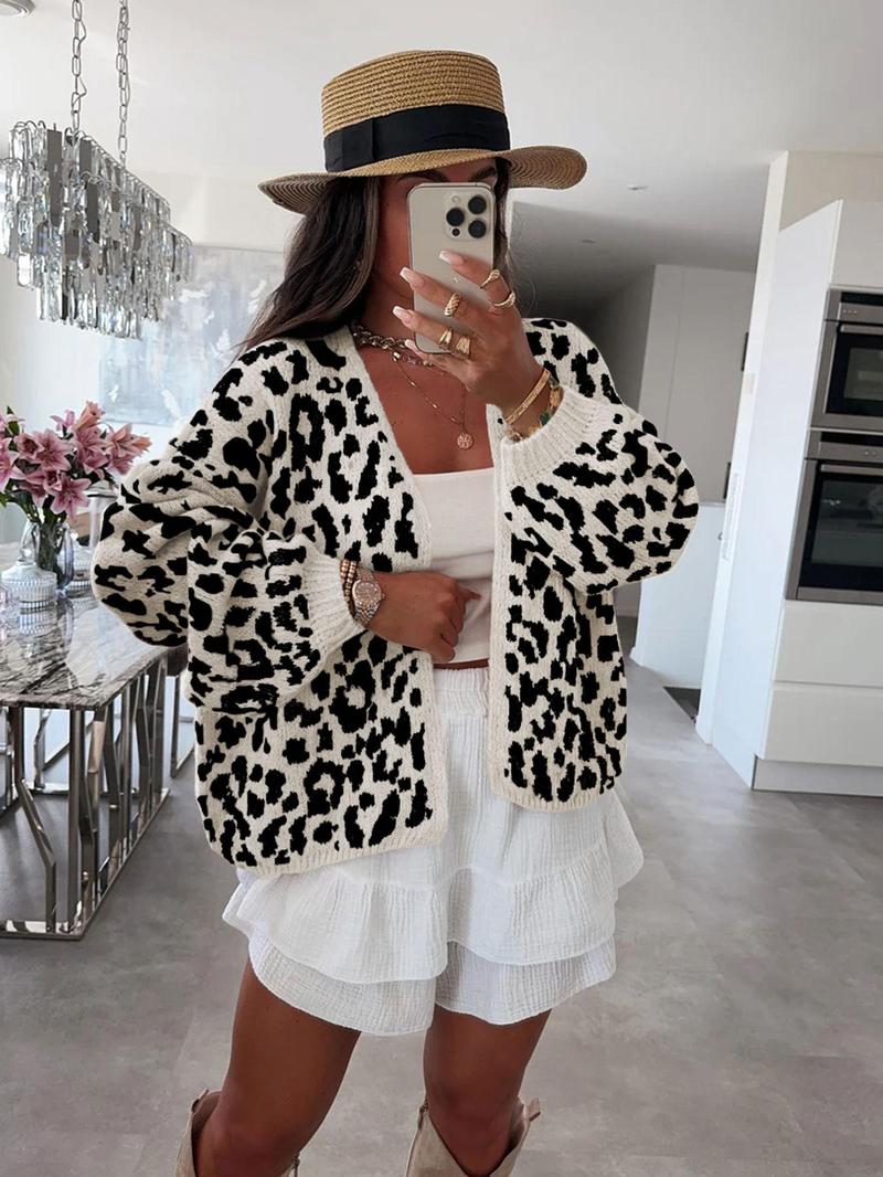 Product Introduction of Women's Colorblock Leopard Drop Shoulder Cardigan, Casual Long Sleeve Open Front Knitwear for Fall & Winter, Fashion Women's Knit Clothing for Daily Wear 4