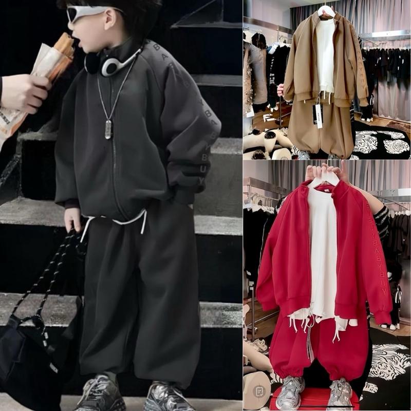 CC1025 Bộ quần áo nỉ (không lót bông) 3 màu xám tối ,đỏ và nâu lót lụa mềm thêu chữ BABYBUY bên tay áo cho bé trai và bé gái phù hợp mặc xuân thu (ko bao gồm áo trắng bên trong)