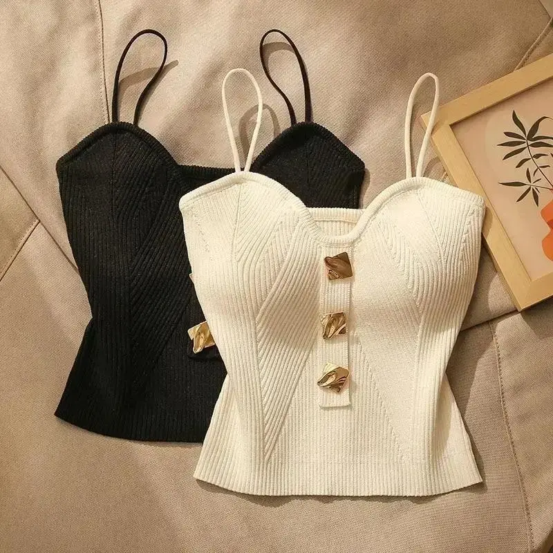 Áo Dệt Kim, Dành Cho Phụ Nữ, Áo Vest Mùa Hè, Phong Cách Pháp, Dệt Kim Chéo, Dây Treo Nữ, Màu Trắng Và Đen, Áo Ba Lỗ Áo Yếm, Dây Đeo Spaghetti Top Women