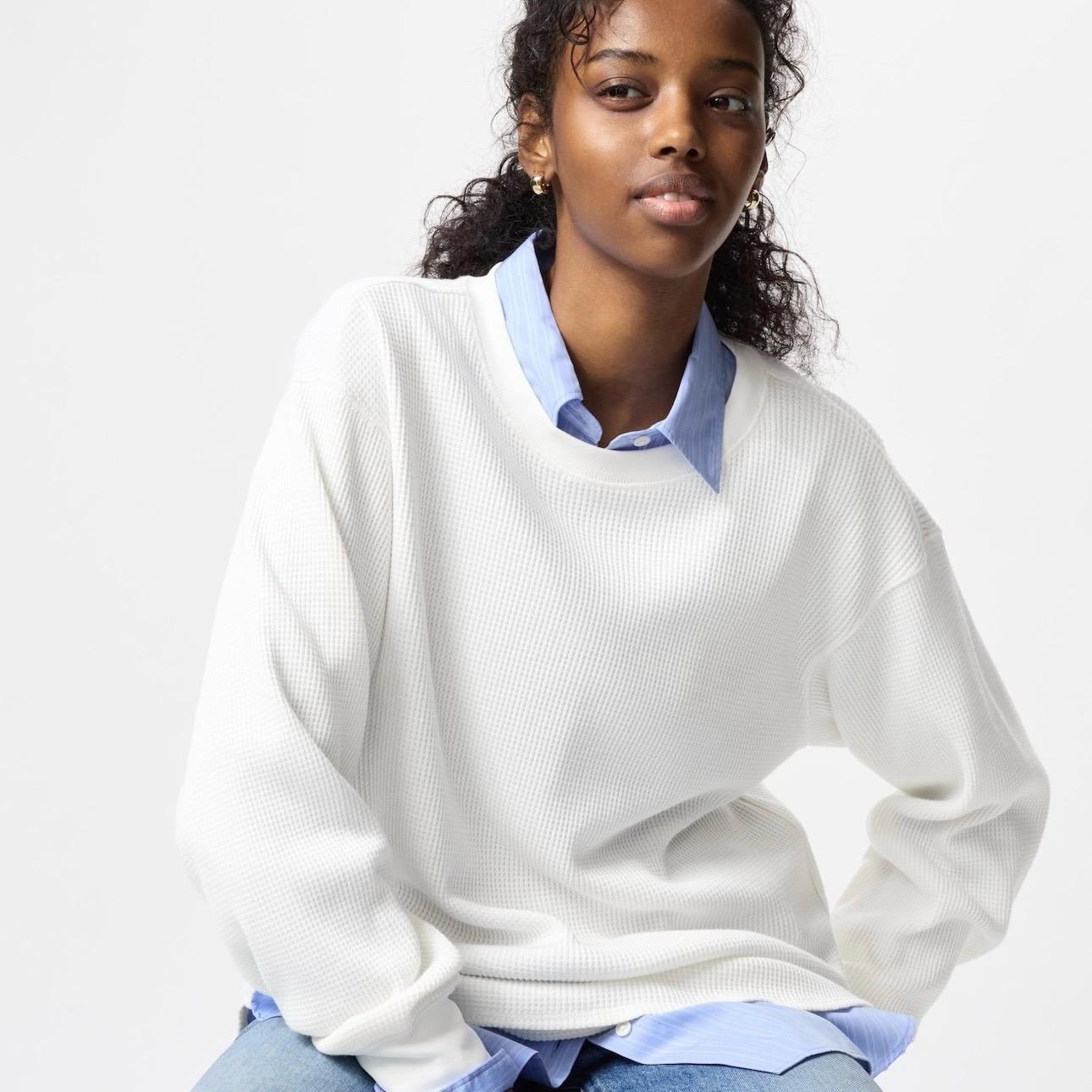 Áo tay dài vải waffle cổ tròn hàng ngày thanh lịch nữ