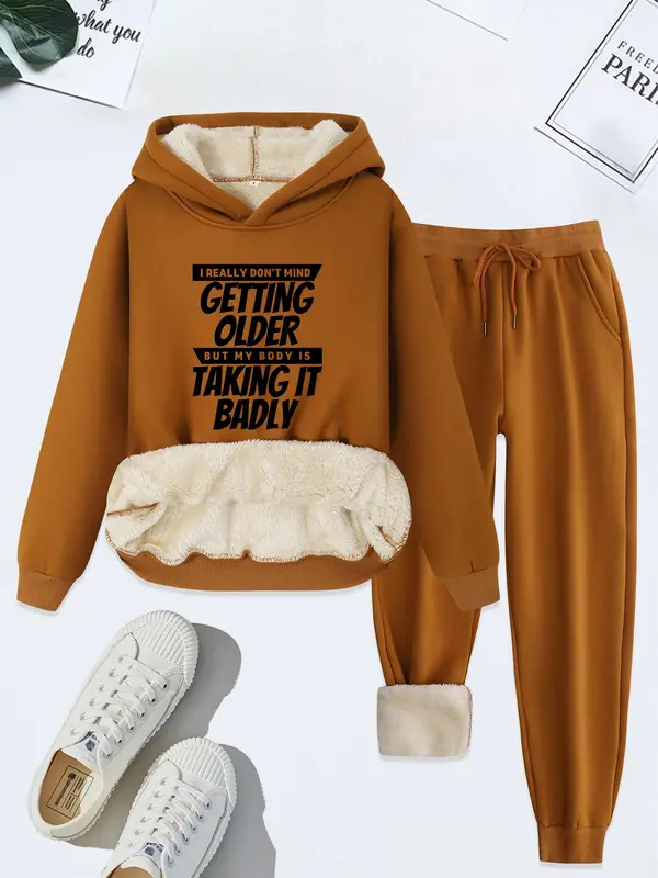 Women's Letter Print Thermal Lined Sweatshirt & Drawstring Waist Sweatpants Two-piece Set, Casual Long Sleeve Hoodie & Pocket Jogger Pants, Women's Fall & Winter Clothes 3