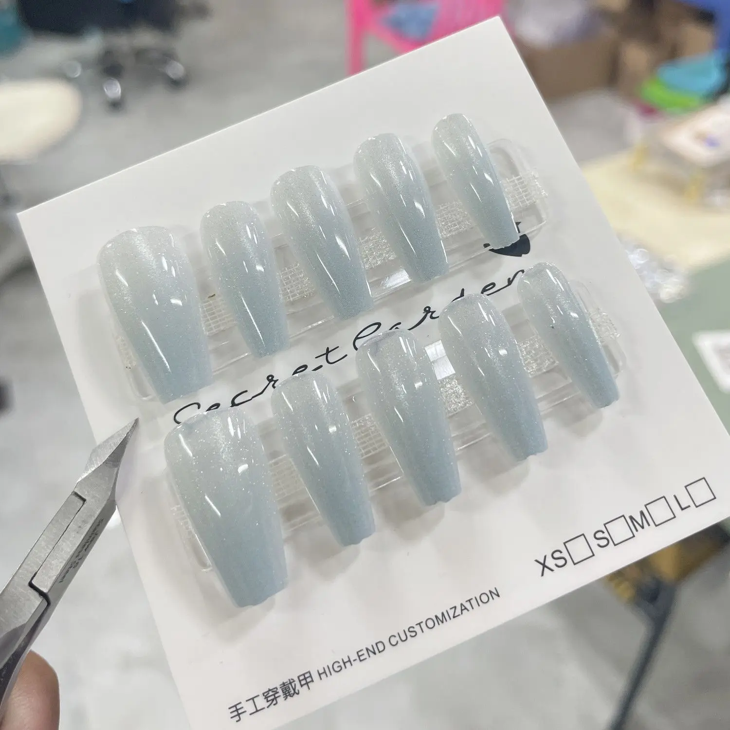 Temperature Change Cat Eye Phototherapy Blue Mermaid Half-Handmade Wear Sweet Beauty White Fake Nails Color Change Cat Eye Gel Polish Manicure
