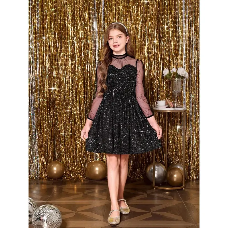 , Party , Wedding For Glitter Sleeve Mesh Girl tiktok Tween Long Fabric Party Dress , Christmas 3