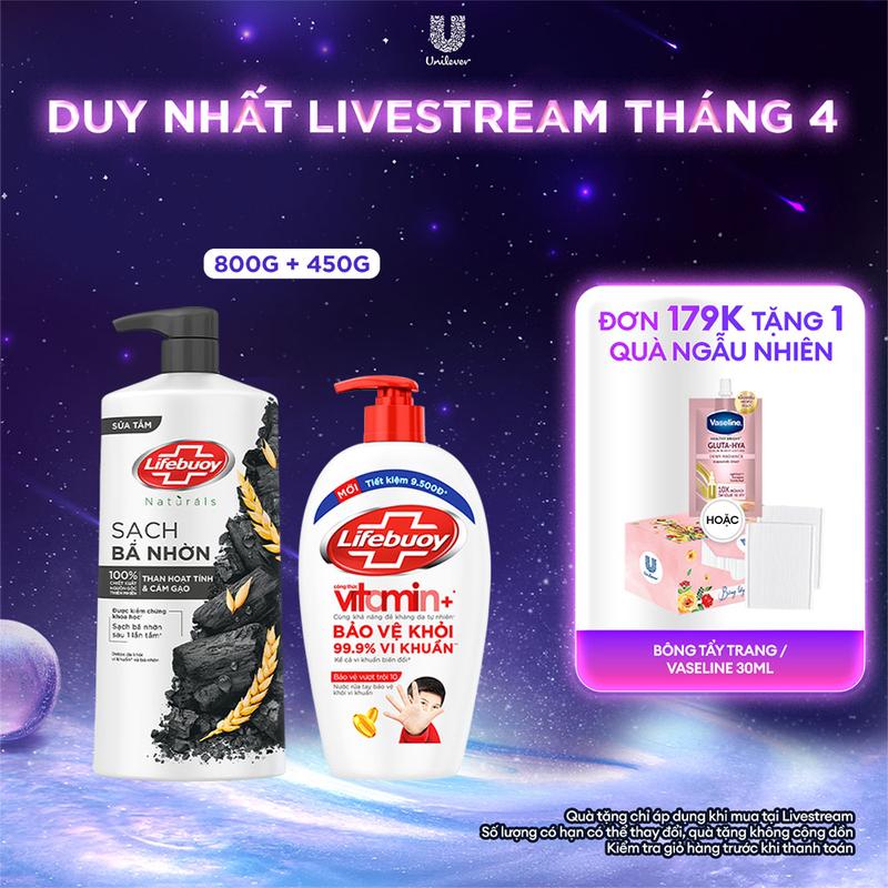 Bộ Đôi Sữa Tắm Lifebuoy Detox Than Hoạt Tính & Cám Gạo Hỗ Trợ Loại Bỏ Bã Nhờn Chai 800g + Nước Rửa Tay Lifebuoy Công thức Vitamin+ Hỗ Trợ Bảo Vệ Vượt Trội 10 450g/Chai [1]