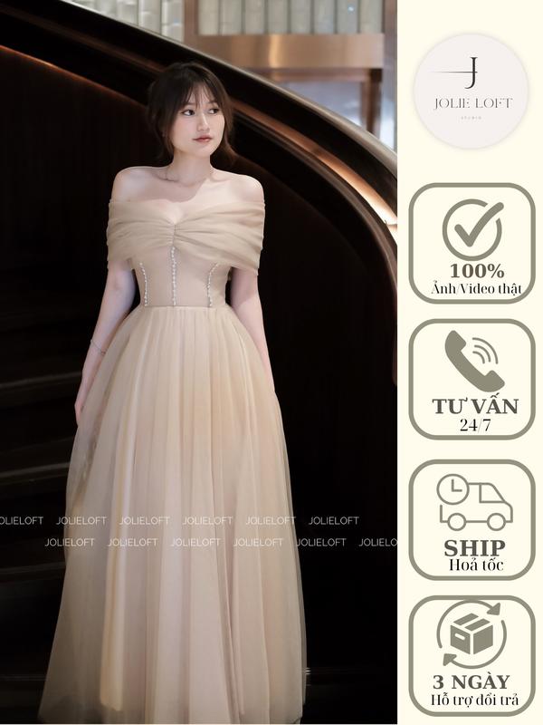 Váy nữ dự tiệc nâu be đính đá thiết kế Elpis Long Dress JOLIE LOFT, đầm dáng dài sang trọng đi chơi đi tiệc