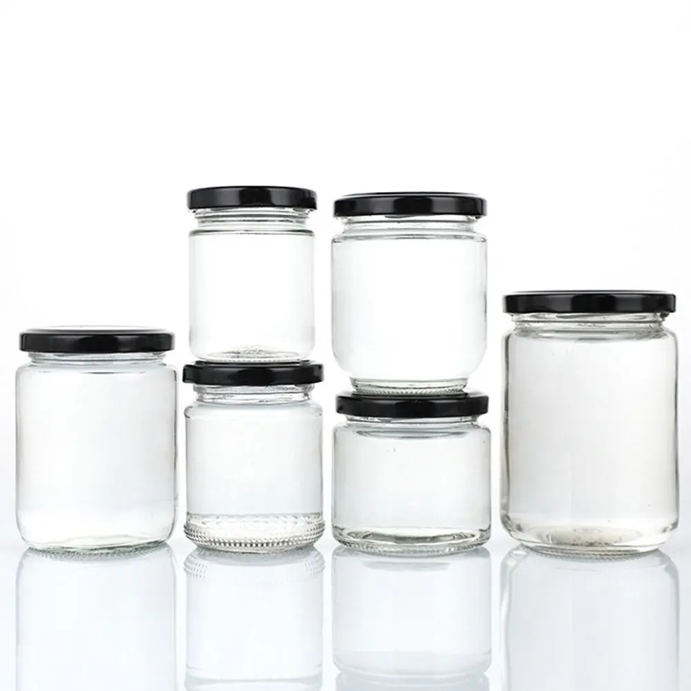 ccpian 1Pcs Transparent with Black Airtight Lids Glass Jar Food Storage Kitchen Mason Jar Round 100ml 150ml 195ml 240ml Canning Containers Jam Honey