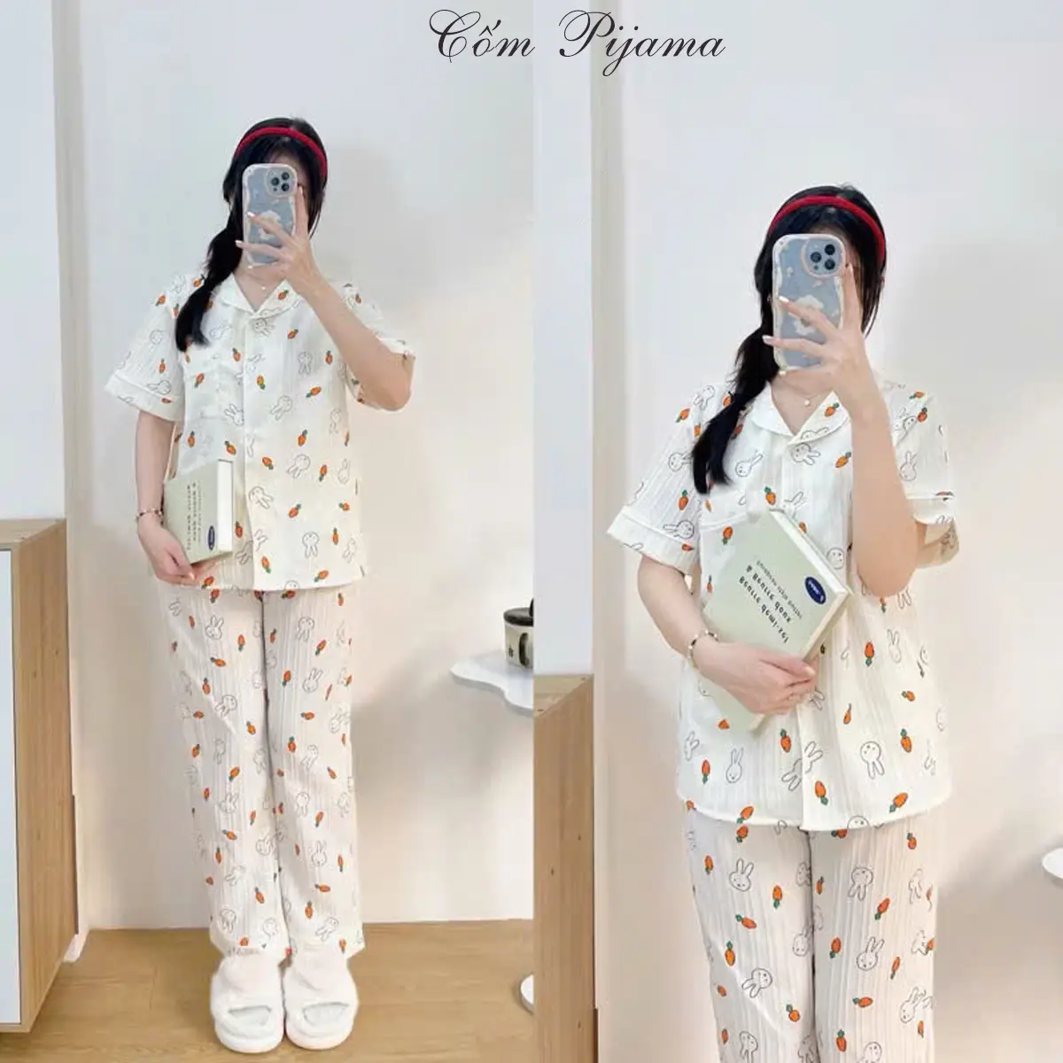 Bộ Đồ Ngủ Pijama nữ mặc nhà, Sét bộ đồ ngủ nữ Pijama hoạt hình dễ thương, Tay Cộc + Quần Dài chất vải Đũi Gân mềm mại, thoáng khí , Có Túi Áo, Quần Dài Có Túi, Bộ Đồ Ngắn Tay Voi Women