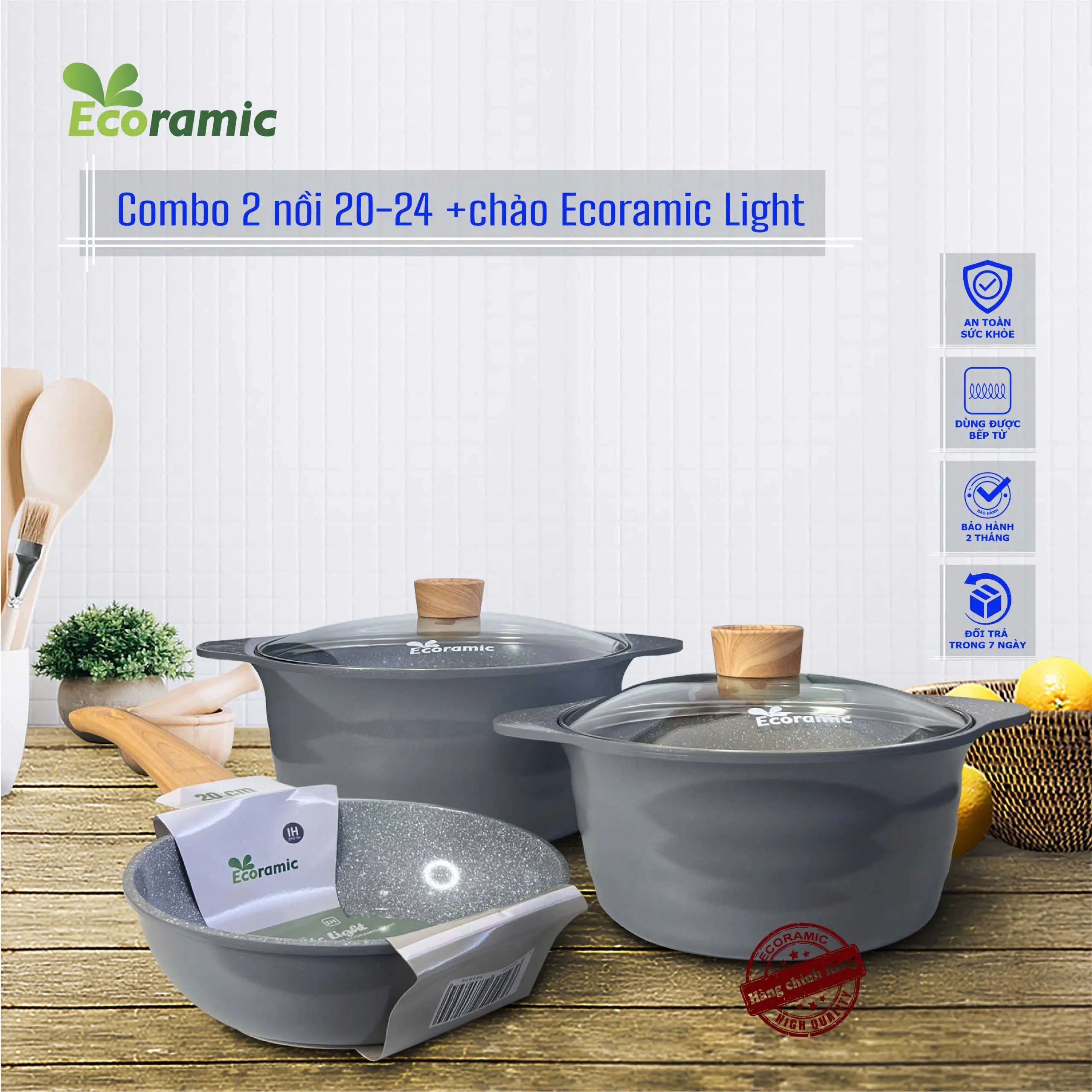 Combo Nồi + Chảo Đúc Vân Đá Đáy Từ Ecoramic Light - Size Tùy Chọn - Chống Dính Ceramic Cao Cấp