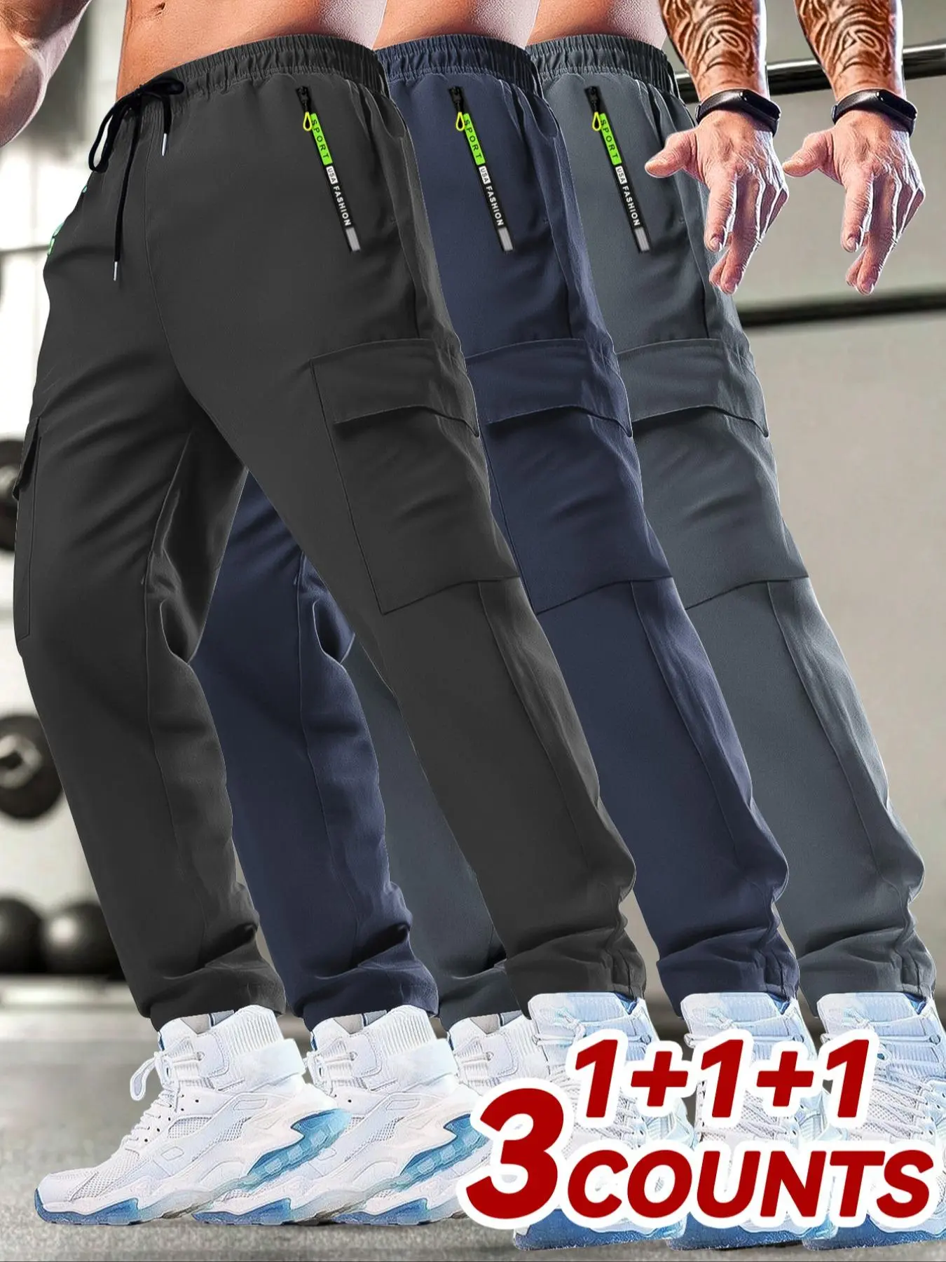 Men's Solid Zipper Pocket Cargo Pants, Regular Fit Casual Sporty Trousers for Outdoor Running Training, Activewear, Men's Bottoms for Spring & Fall, Menswear, Activewear