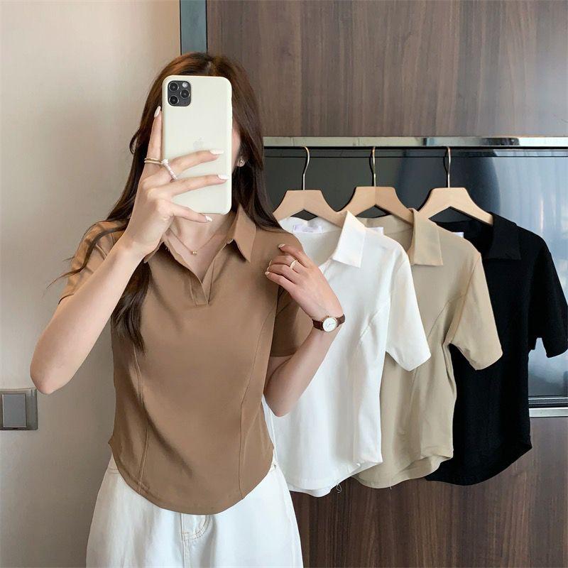 Product Introduction of Summer New Korean Style Polo Collar Solid Color Short-Sleeved Top for Women Slim Casual All-Match T-shirt Women 2