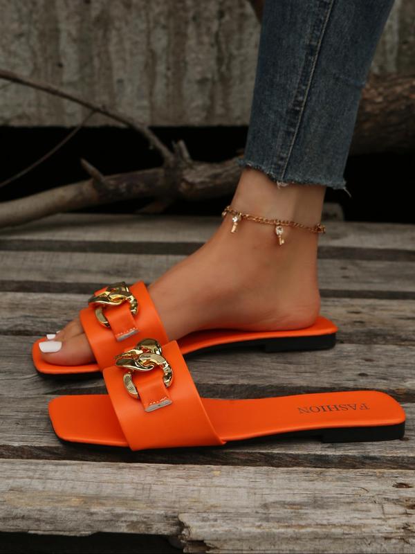 Women's Fashion Chain Design Slide Sandals, Summer 2024 Beach Vacation Square Toe Sandals for Women & Girls, Vintage Trend Slide Sandals for Daily Wear 7