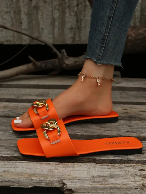 Women's Fashion Chain Design Slide Sandals, Summer 2024 Beach Vacation Square Toe Sandals for Women & Girls, Vintage Trend Slide Sandals for Daily Wear 7