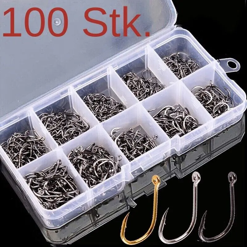 Móc Câu Cá Bộ 100 Chiếc Hộp 10 Series Thép Carbon Cao Cấp Đơn Vòng Tròn Lưỡi Câu Câu Cá Jip Thép Gai móc Khóa