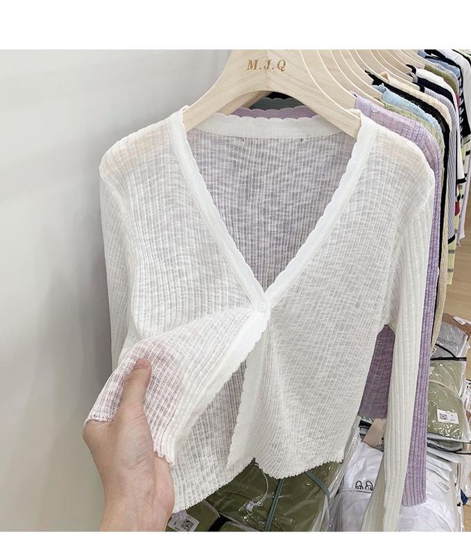 Product Introduction of Áo Cardigan Chống Nắng Dệt Kim, Trang Phục Mùa Hè Cho Nữ, Chất Liệu Lụa Lạnh Mỏng, Dài Tay, Màu Đen, Thích Hợp Mặc Bên Ngoài, Có Thể Mặc Với Áo Điều Hòa Không Khí Ngắn, Áo Sơ Mi, Women, Top, Voi 6