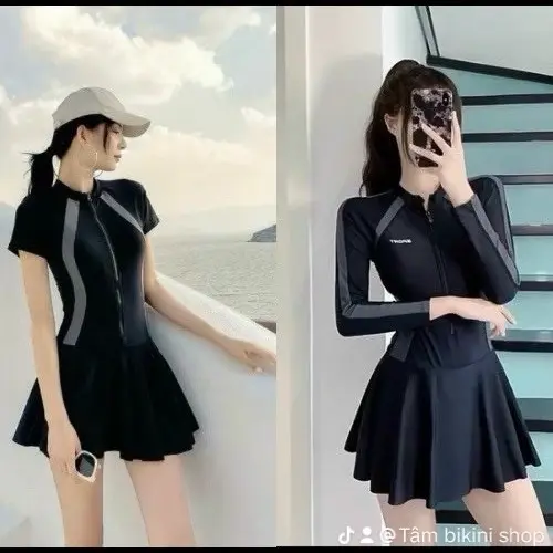 ( có size M. L.XL) Bikini đồ bơi đi biển một mảnh dây kéo đen phối trắng .phối xám tay dài tay ngắn form váy có quần trong kín đáo