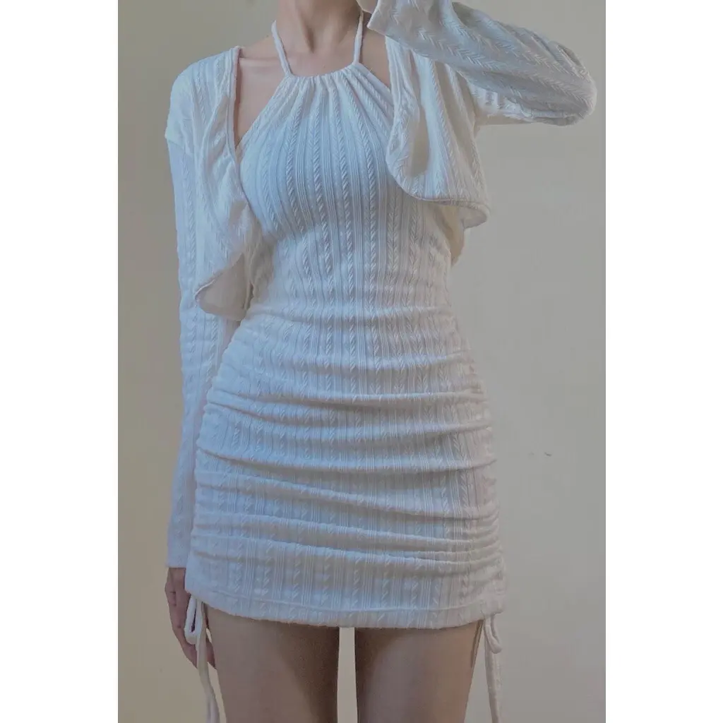 Đầm Body Cổ Yếm Rút Dây Bo Eo Kèm Áo Khoác Croptop, Dành Cho Đi Chơi, Dự Tiệc, Vải Len Cao Cấp Nữ Kem Women