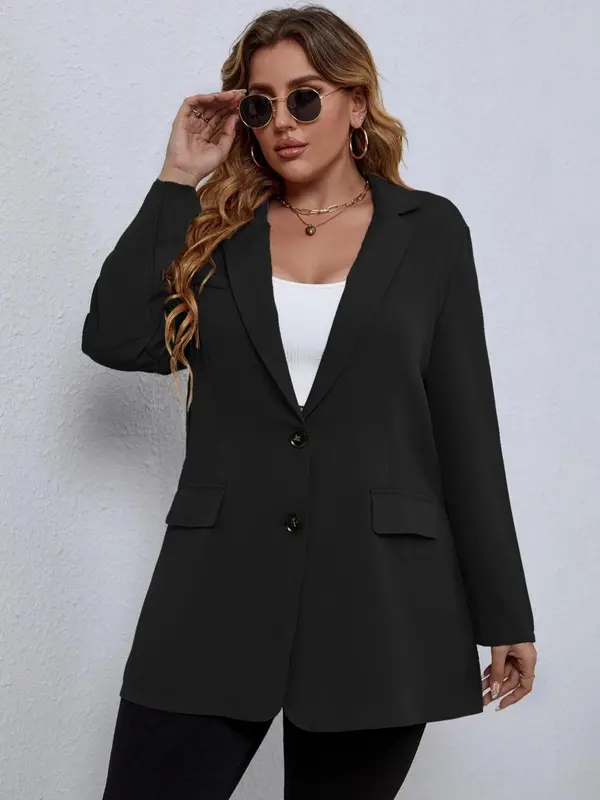 Plus Size Women's Solid Color Pocket Button Front Blazer, Plus Casual Long Sleeve Lapel Neckline Blazer for Spring & Fall, Coats for Women, Women's Plus Clothes for Daily Wear 8
