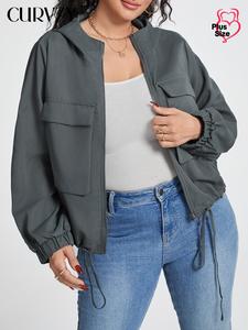 CURVZY Plus Size Solid Drawstring Pocket Zip Up Jacket, Casual Long Sleeve Hooded Outerwear for Daily Wear, Women's Plus Clothing for All Seasons