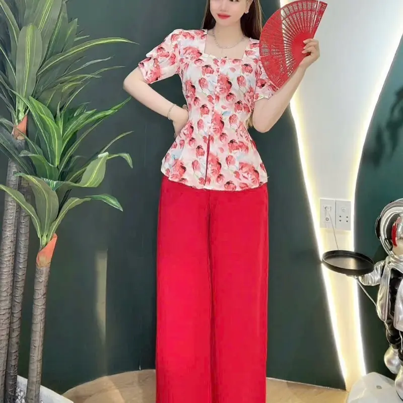 Bộ Quần Áo Bà Ba Nữ  Cổ Vuông Tay Ngắn Phồng Nút Ngọc Top 8