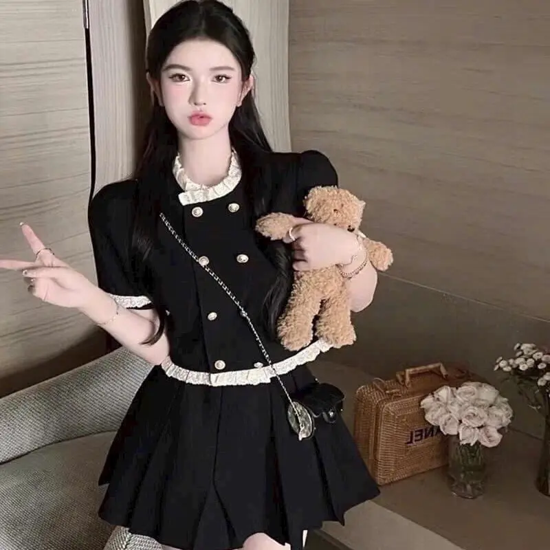 Sét váy for đính nút phối voan bèo viền