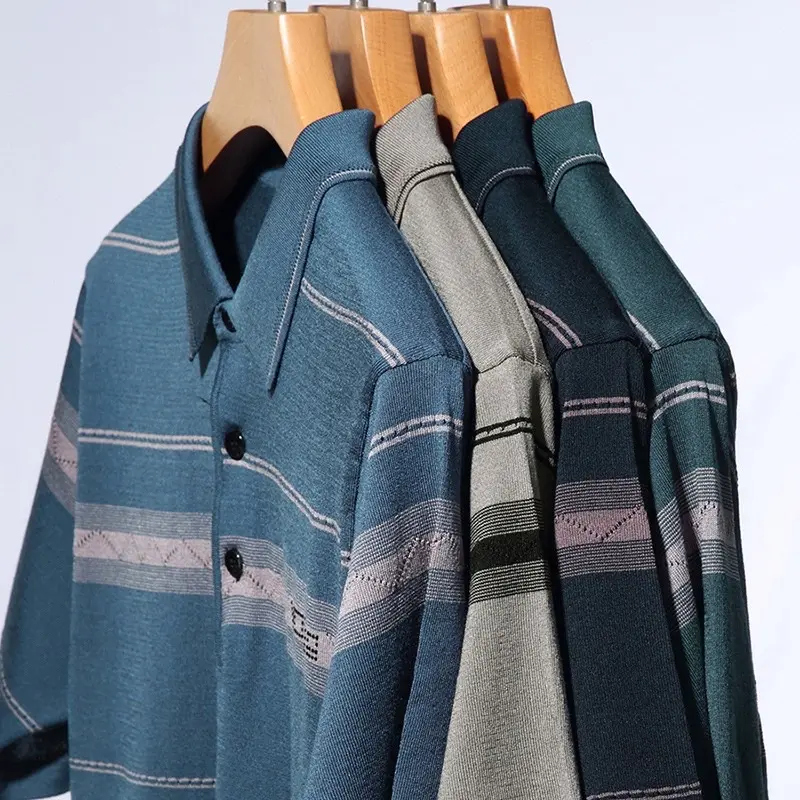 [TẶNG BỐ] Áo thun len lạnh Nam Trung Niên Cộc Tay Quảng Châu Menswear Top Polo Có Cổ Ngắn Tay 3