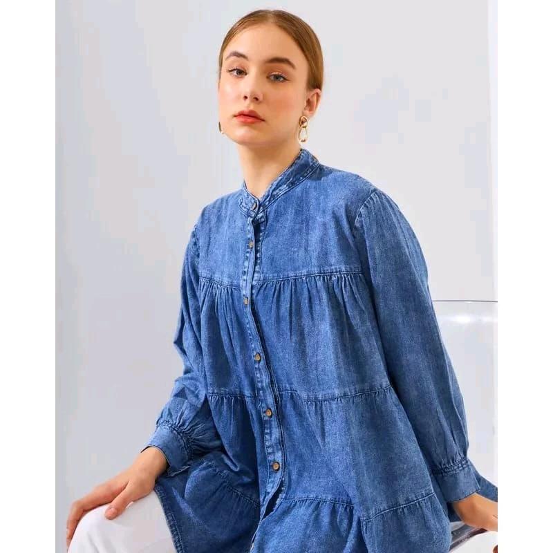 Atasan Kemeja Jeans Babydoll Susun // Kemeja Wanita Babydoll Oversize Kekinian 8