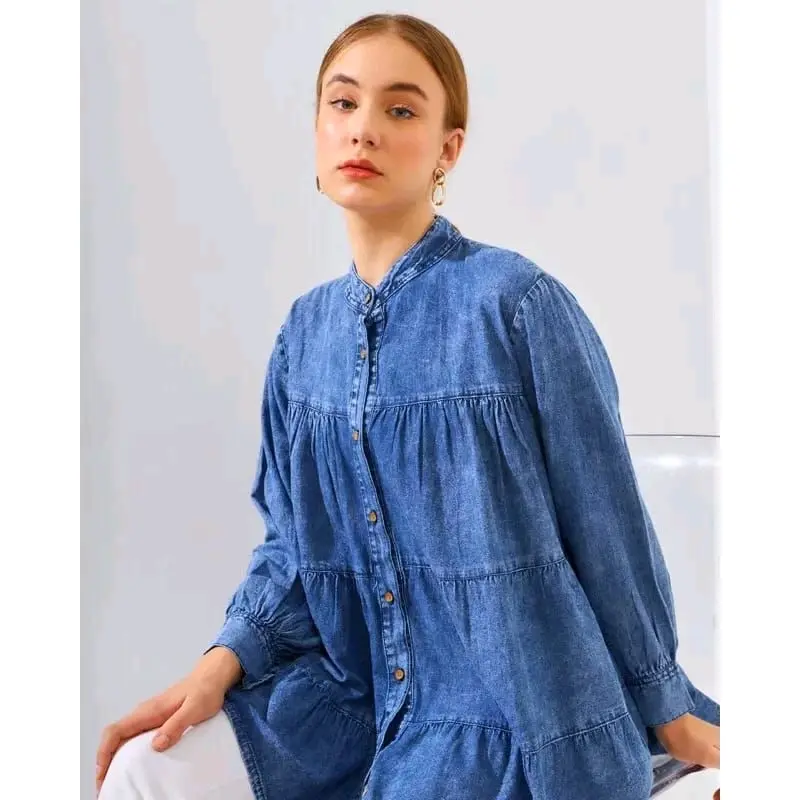 Atasan Kemeja Jeans Babydoll Susun // Kemeja Wanita Babydoll Oversize Kekinian 8