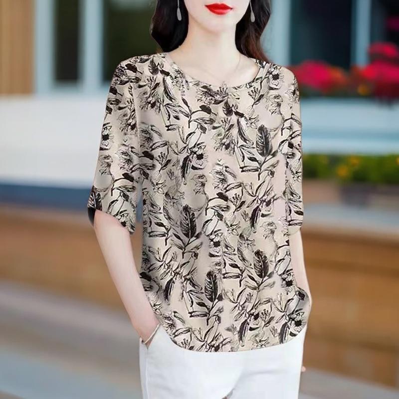 Áo Thun In Hình, Cổ Tròn, Tay Lửng, Dành Cho Mẹ TRUNG NIÊN, Nữ Mùa Hè, Ngoại Cỡ, Dáng Rộng, Che Bụng, Áo Phong Cách Phương Tây, Áo Sơ Mi Nhỏ Top Women Shirt 6