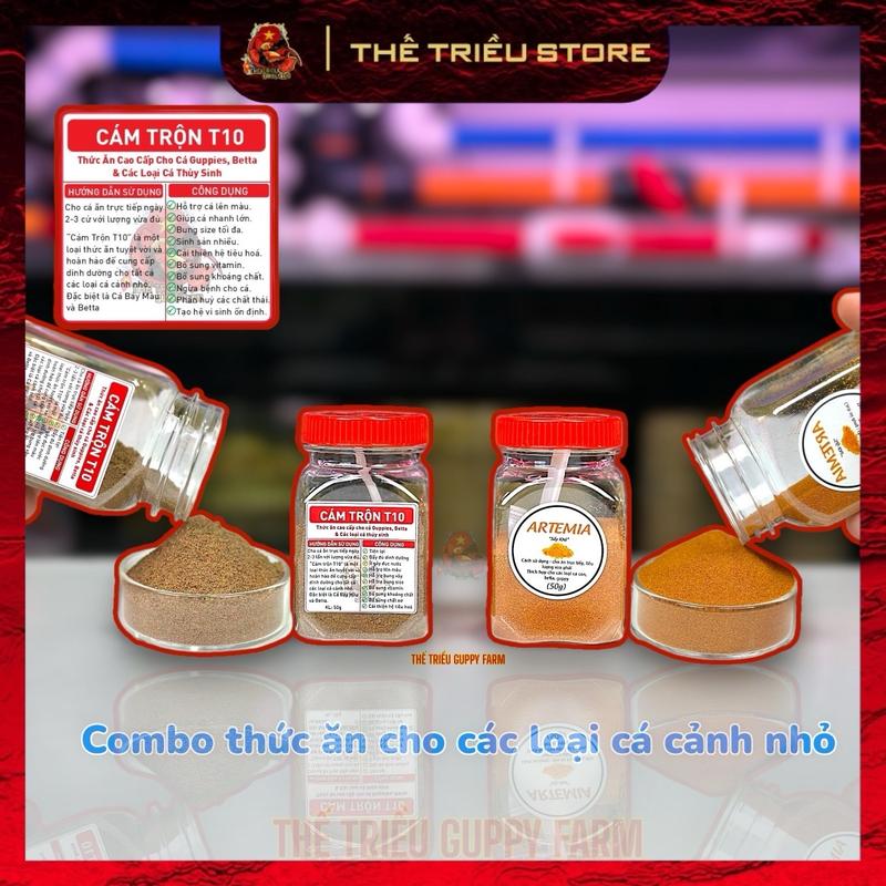 (MUA 1 TẶNG 1) Combo Cám trộn T10 + Artemia sấy khô. Thức ăn cao cấp đầy đủ dinh dưởng cho các loại cá nhỏ “Cá thuỷ sinh, Betta, Guppy, Molly, Sọc ngựa cánh tiên”