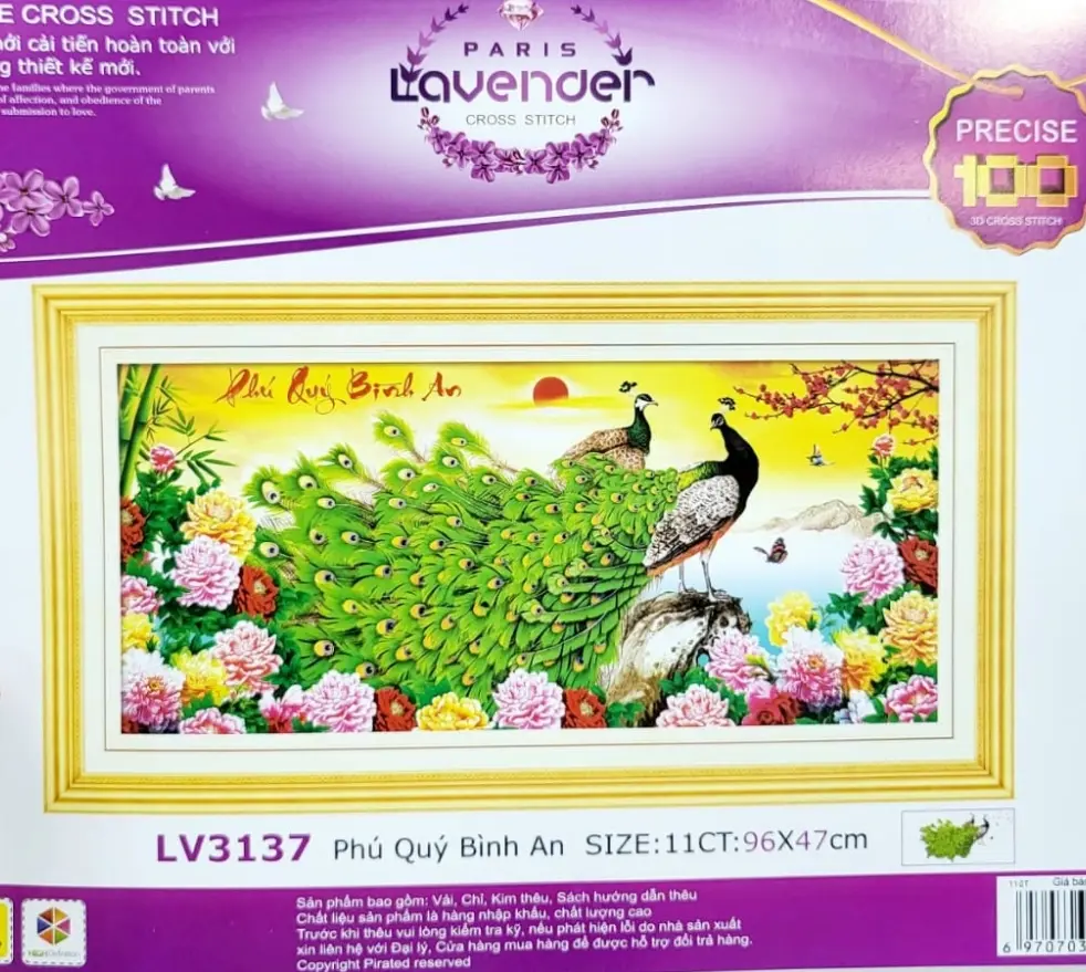 Tranh thêu chữ thập chim công hoa mẫu đơn - 96 x 47 cm - Tự thêu