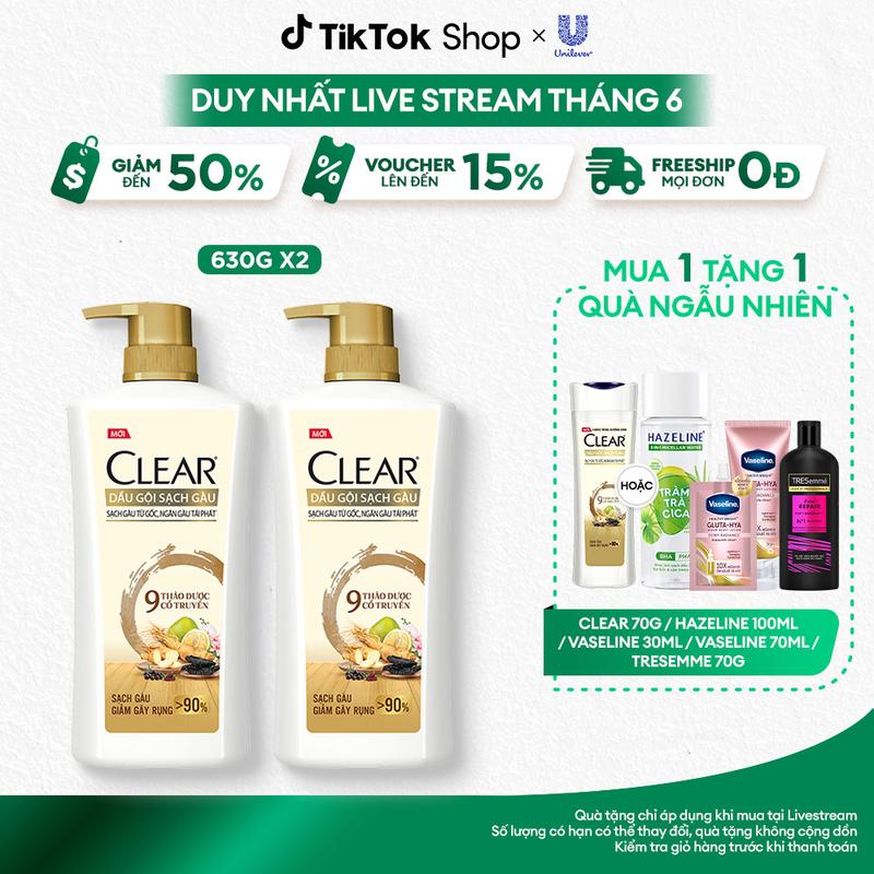 Combo 2 Dầu Gội CLEAR 9 Thảo Dược Cổ Truyền Hỗ Trợ Sạch Gàu Giảm Gãy Rụng 630G x2 [1]