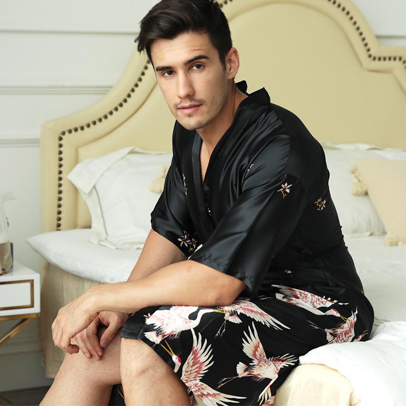 Product Introduction of Black Chinese Men Silk Rayon Robe Summer Casual Wedding Best Man Sleepwear V-Neck Kimono Yukata Bath Gown Plus Size XXXL Fashion Menswear Satin Loungewear 32