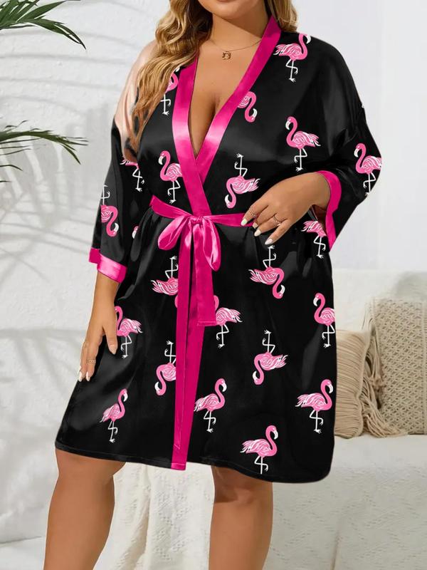 【Plus Size】 Flamingo Print Belted Robe, Casual Long Sleeve Robe, Women's Sleepwear for Spring & Fall 2
