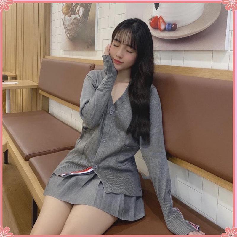 Set bộ váy áo len tăm viền sọc chân váy xếp ly bộ len tăm cá tính TTN0137 set bộ thu đông Nữ Women Kem Top