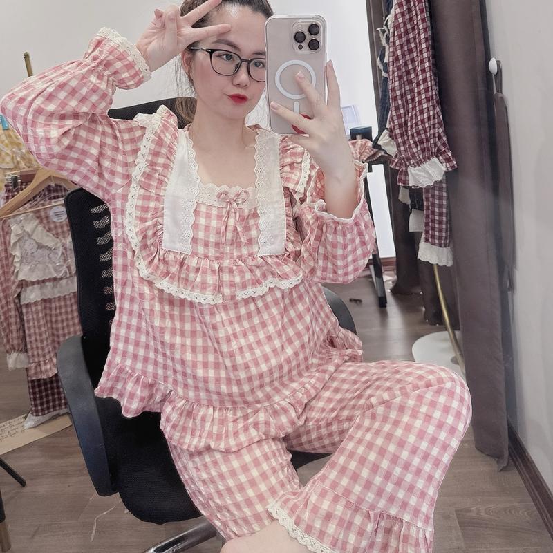 M15 Bộ tiểu thư nữ, chất liệu đũi nhung mềm mướt, phù hợp thời tiết bốn mùa, chất mỏng nhẹ pha gân nhung, CỔ VUÔNG NẸP REN PHỐI THÊM BÈO REN VAI, hàng đặt riêng có size M15