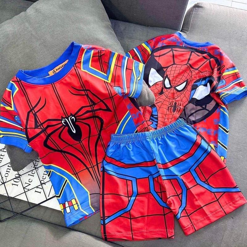 Bộ quần áo cộc tay thun 3D siêu nhân nhện cho bé trai 10-30kg Len