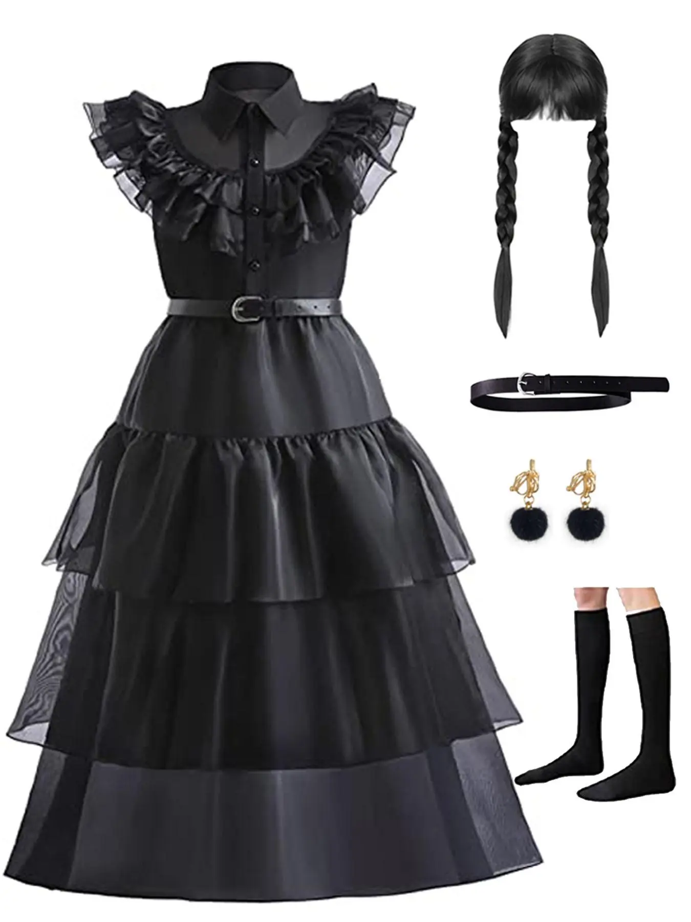 Girl's Contrast Mesh Ruffle Trim Tiered Layer Costume Dress with Belt & Wig & Socks & Earrings Set, Elegant Romantic Layered Sleeve Collared Costume Dress with Accessories for Party Show Performance, Kids Clothes for All Seasons