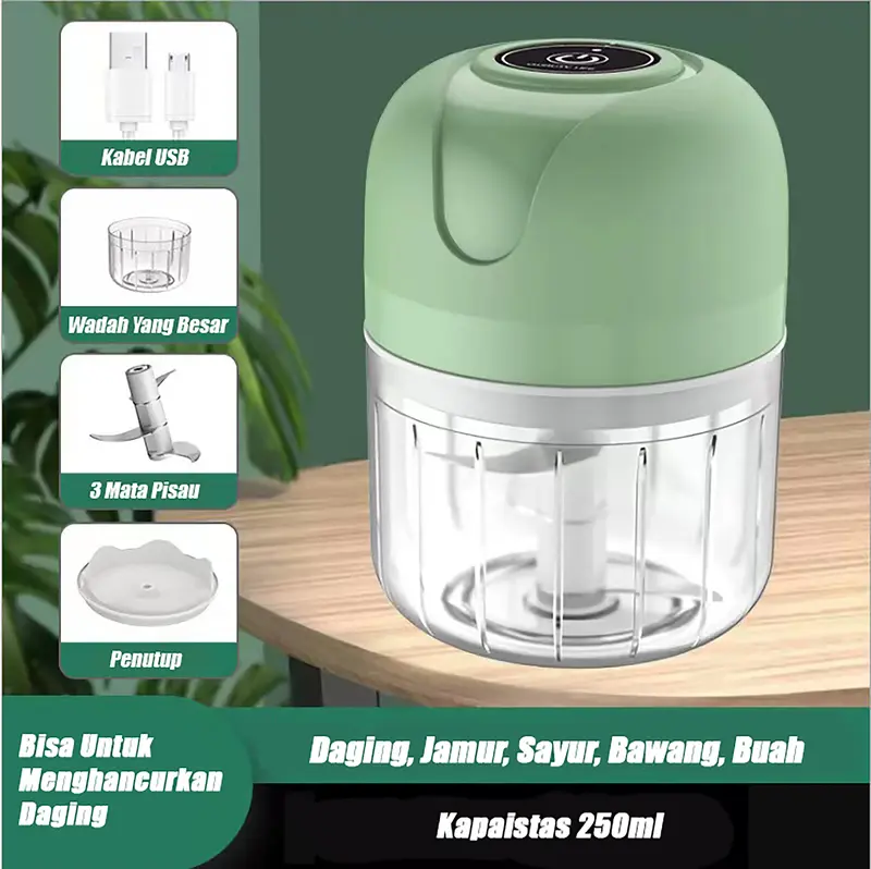 PPLUS  Blender mini elektrik-Hijau 250ML/Blender Mini Portable USB Penghancur Bawang Putih Mini Chopper Penggiling Daging Wireless Mini Cooking Machine/hijau/pisau/putih Hijau Pisau Putih Kabel Mesin 4