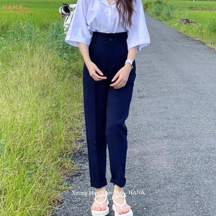 Quần tây Xanh Đen đi học nữ đáy cao cạp có đỉa - Quần baggy vải học sinh công sở vải tuyết mưa dày mềm mix áo sơ mi đẹp