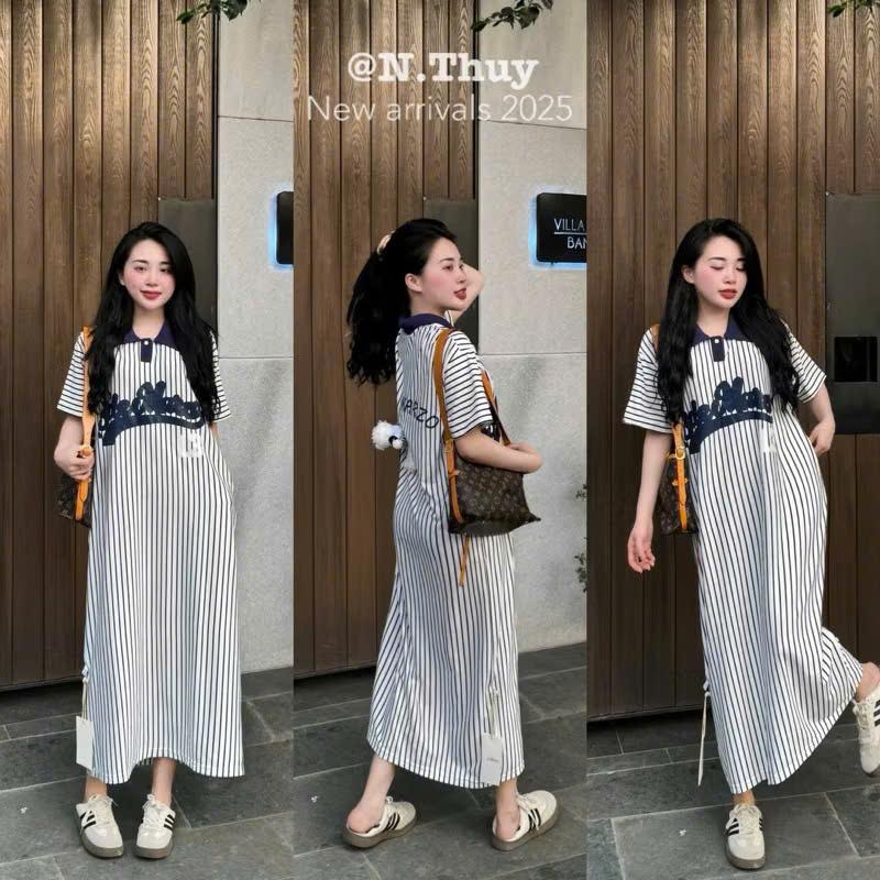 [Tira Mama Design]V2109 Váy đầm bầu suông dáng dài kẻ xanh polo kèm gấu