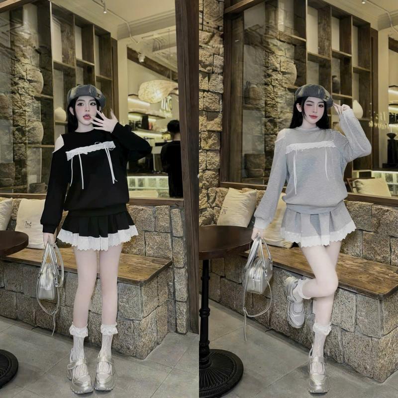 Set đồ nữ nỉ áo tay dài cổ tròn hở vay phối ren kem chân váy xếp ly phối ren dáng ngắn xinh xắn dành cho các nàng diện đi chơi đi tiệc. Women Dress